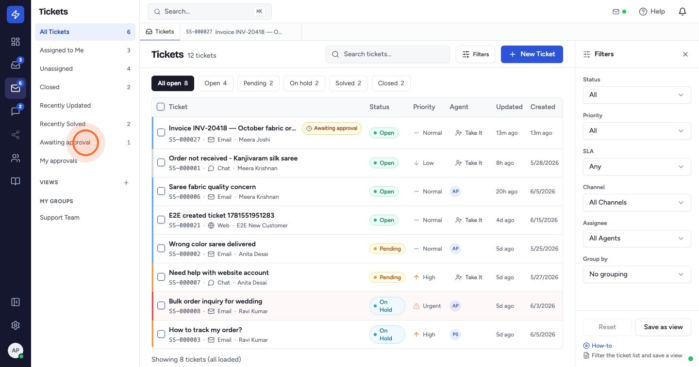 In the ticket list, an Awaiting approval chip marks the ticket for everyone. The approver sees Needs your approval instead. Click Awaiting approval in the left sidebar.