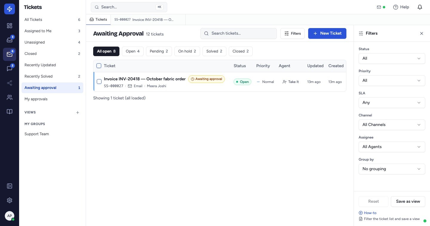 The Awaiting approval view lists every ticket with a pending approval.