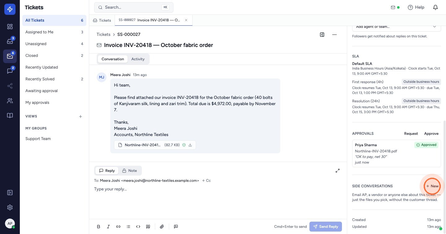To send the invoice to accounts payable, click New under Side conversations.