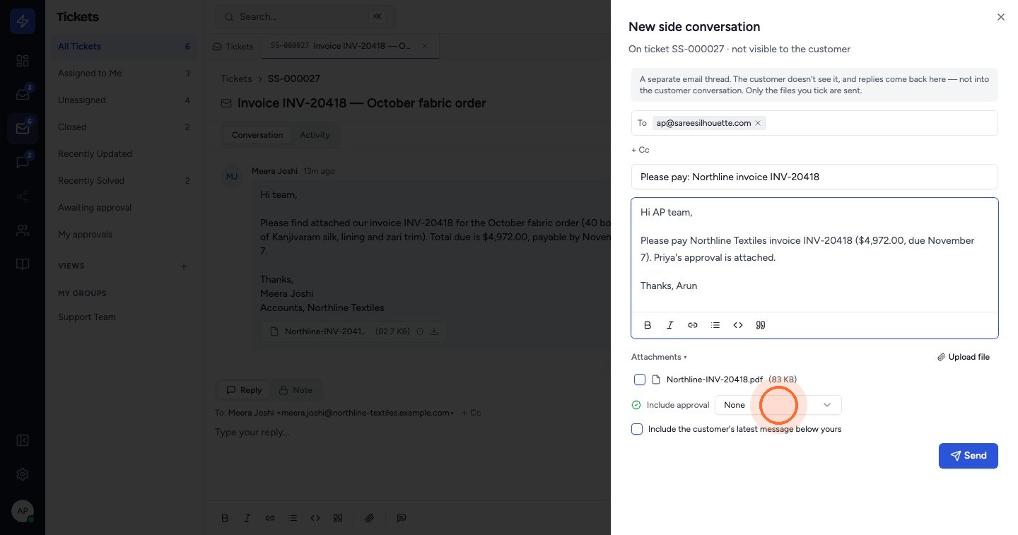 Enter the AP email address in To, a subject and your message. Then open Include approval.