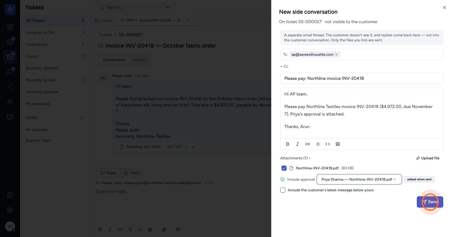 The files the approval covers are ticked for you, and the approval is added when the email is sent. Untick anything you don't want to send, then click Send.