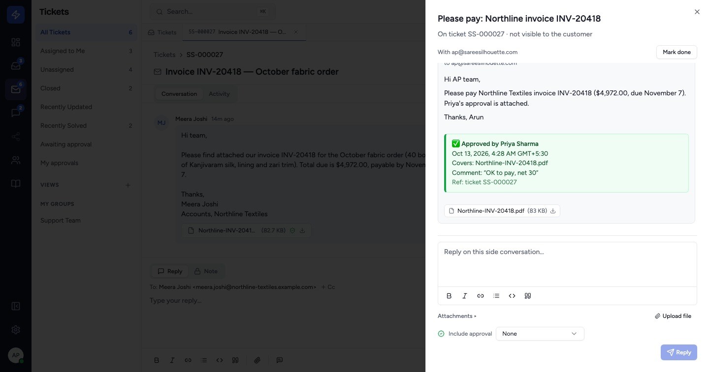 The side conversation shows your message with a green block naming the approver, the date, the files and the comment, followed by the invoice. AP's replies come back here, never into the customer's conversation. Click Mark done when it's finished.