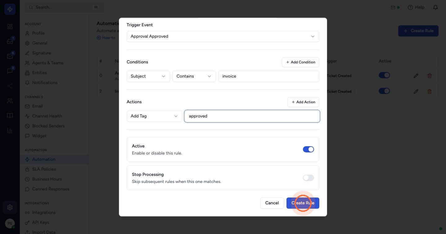 To act on decisions, create a rule with the Approval Approved or Approval Rejected trigger. This one adds the tag approved. You could also assign the ticket to your AP team.