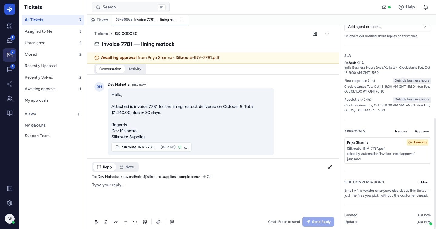 The next matching ticket gets its approval request automatically, covering the ticket's files. It shows asked by Automation and the rule's name.